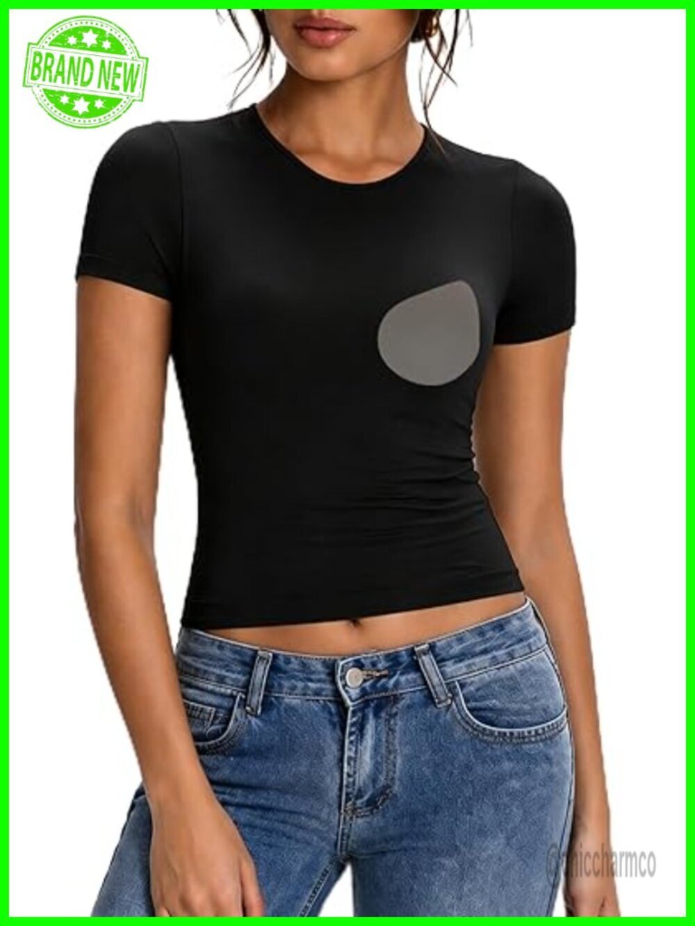 Built-in Bra Crop Top T-Shirt Fitted Basic Tee Workout Shirt